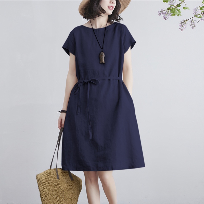 Đầm suông linen tay hến trẻ trung, chất vải linen mềm mát, thời trang phong cách Nhật Bản D84