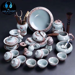 Bộ ấm chén pha trà đẹp cối xay gốm sứ tử sa cao cấp,Bộ chén uống trà đạo 26 chi tiết màu xanh ngọc vân rạn