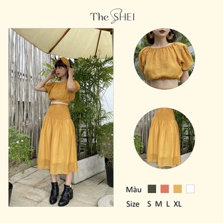 Set Áo Croptop Tay Phồng Kèm Chân Váy Tiểu Thư The SHEI - vàng Nghệ  - TSD092211