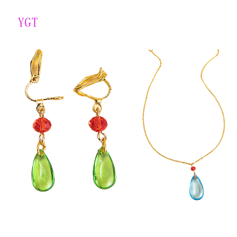 Set vòng cổ + khuyên tai mặt hình giọt nước đính đá màu xanh dương/xanh lá phong cách phim Howl's Moving Castle