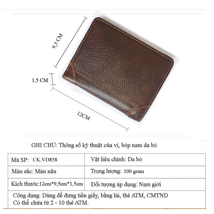 Ví nam da bò dáng đứng, CKV.858 Ví đựng thẻ tiền nam nhiều ngăn có khóa kéo màu nâu