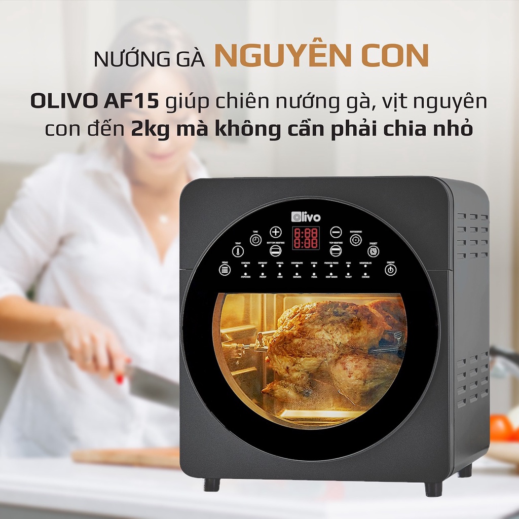 Nồi chiên không dầu Olivo AF15 thương hiệu Mỹ - Dung tích 15L - Chế độ nhiệt kép - Chiên quay không lật dở