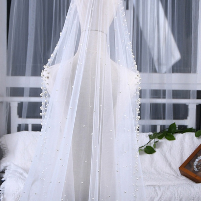 Mạng Che Mặt 1 Lớp Vải Tuyn Đính Ngọc Trai Cho Cô Dâu