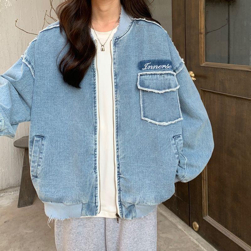 Áo khoác denim dáng rộng phối khóa kéo thời trang mùa thu phong cách retro Mỹ cho nữ