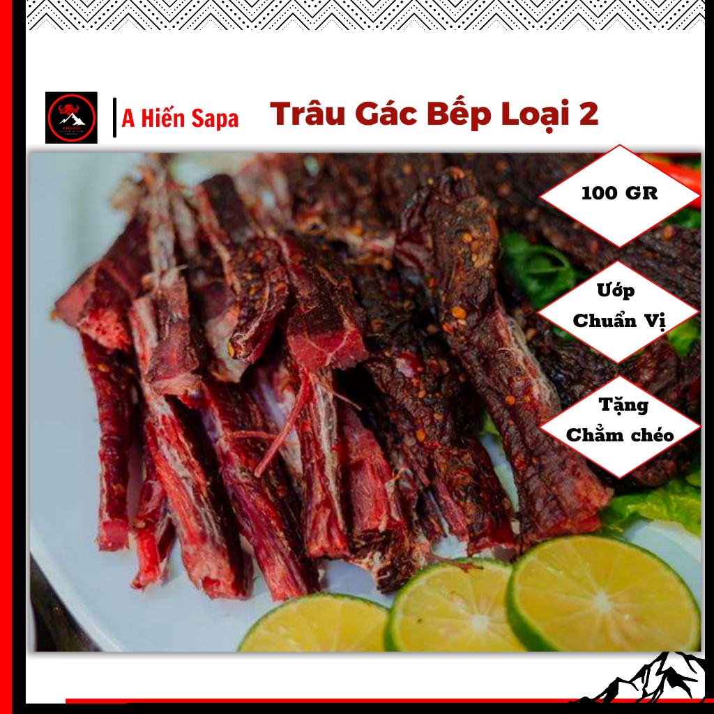 Thịt trâu gác bếp Tây Bắc loại 2 gói 100 gr kèm tặng chẳm chéo ướt, nhà sấy thủ công than củi nhãn hàng luôn sẵn