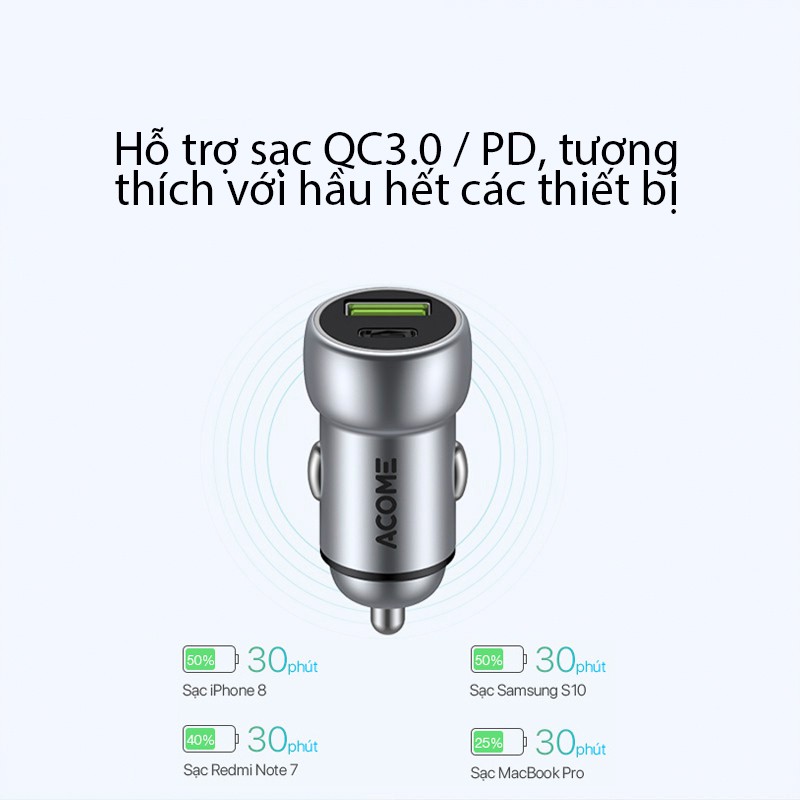 Cốc sạc Ôtô ACOME ACC02 2 Cổng Sạc USB &amp; PD QC 3.0 27W - BẢO HÀNH 1 ĐỔI 1 CHÍNH HÃNG