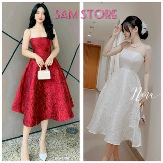 Đầm 2 dây xoè gấm hoa cao cấp có mút ngực size m samstore