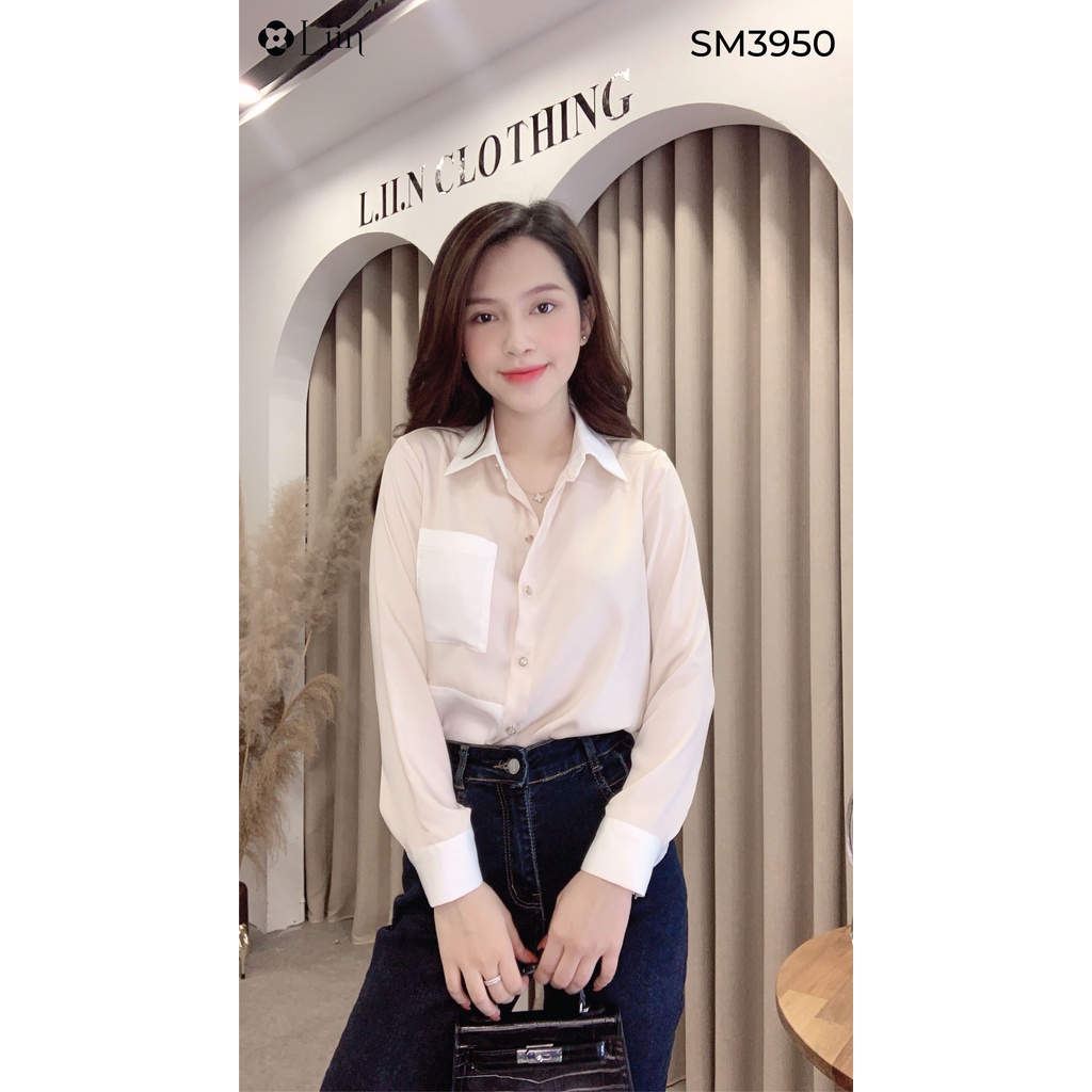 Áo sơ mi màu be phối trắng form công sở dài tay thiết kế trẻ trung Liin Clothing SM3950