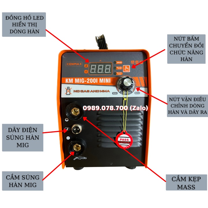 Máy hàn MIG không dùng khí KENMAX-SASUKE 200I thế hệ mới 2022 dây mig rời dài 2.8m cao cấp, mic hai chức năng không khí