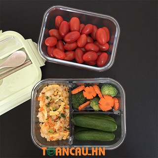 Hộp cơm văn phòng thủy tinh chia ngăn chống tràn Túi giữ nhiệt + Bộ thìa - Hộp đựng thực phẩm cao cấp(Nắp liền thìa)