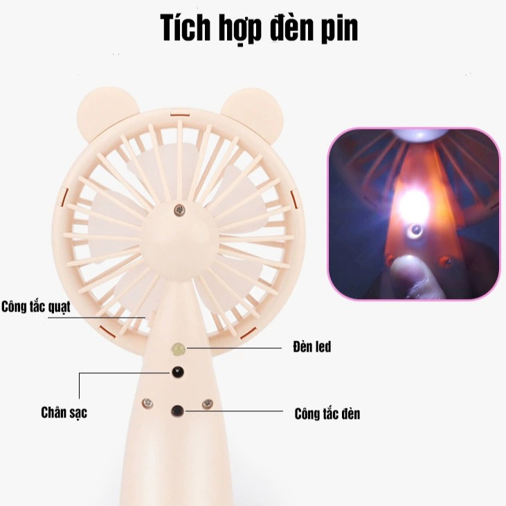 Quạt Mini Cầm Tay Để Bàn Tích Điện Có Đèn Led Chiếu Sáng Đứng Được TN095