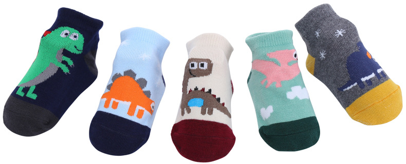 5 Đôi vớ từ cotton 100% chống trượt in hình khủng long cho bé trai sơ sinh từ 0-3 tuổi
