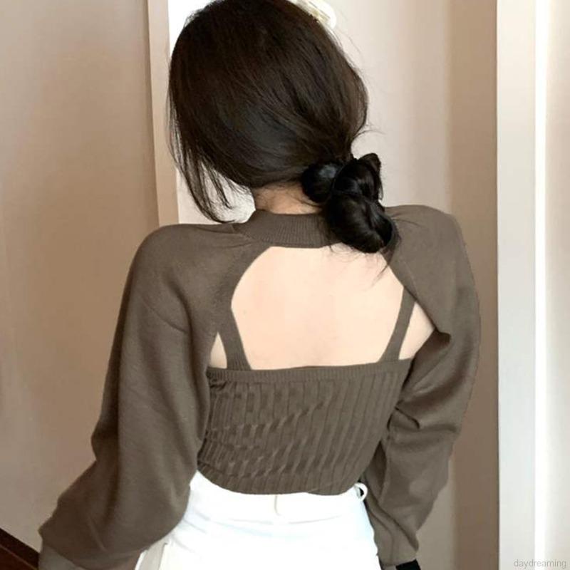 Áo Sweater Tay Dài Cổ Tròn Hở Lưng Màu Sắc Thanh Lịch