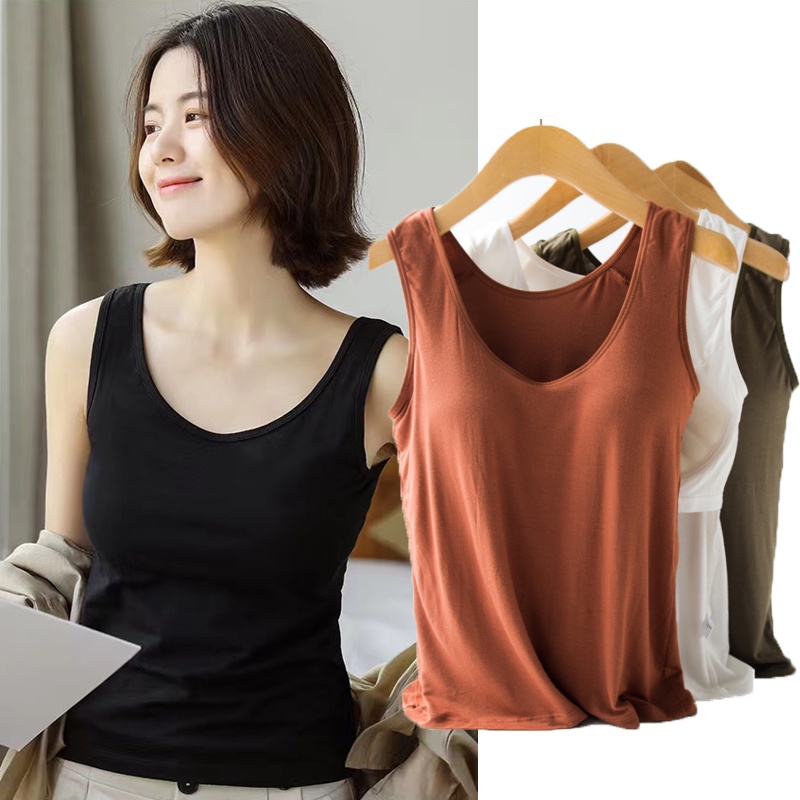 Áo Thun Ba Lỗ Sát Nách Màu Trơn Có Mút Ngực Phong Cách Nhật Bản