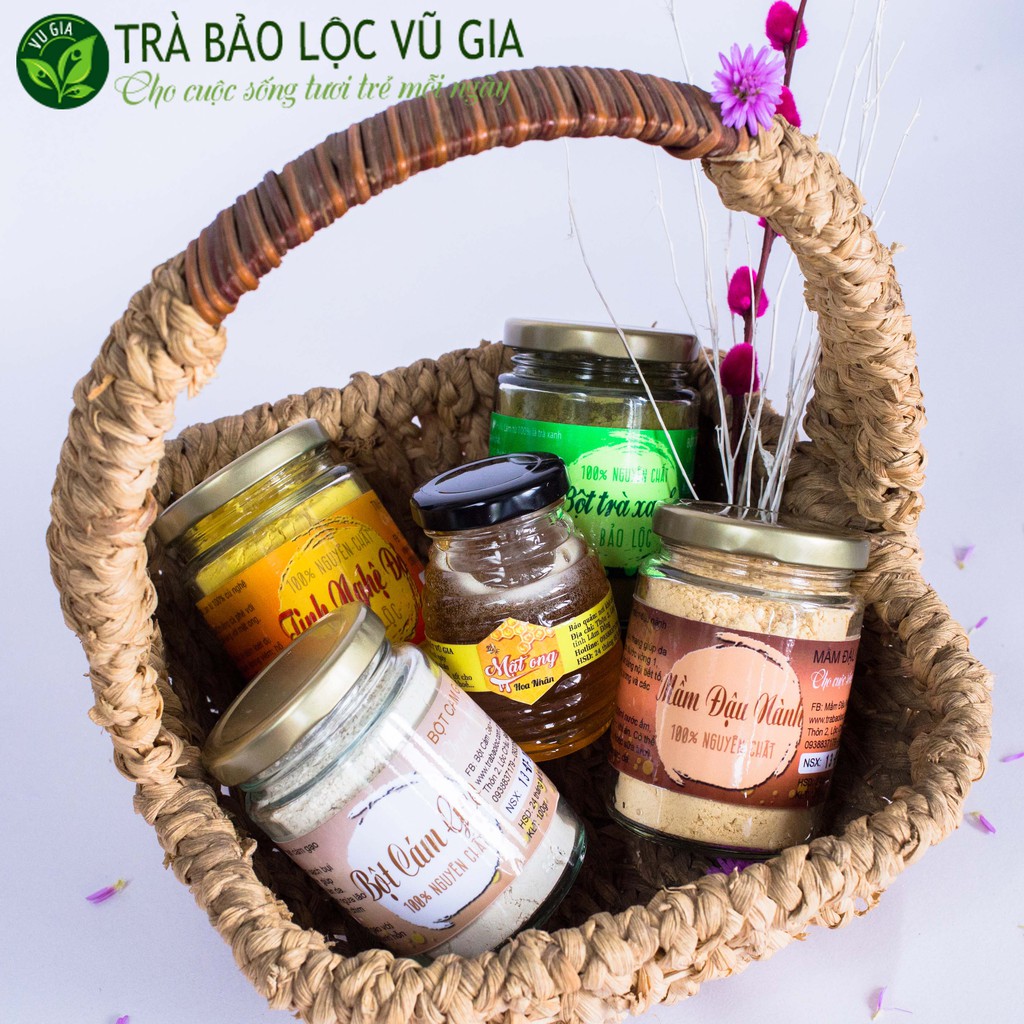 Combo 5 Bột Trà Xanh + Tinh Bột Nghệ + Mầm Đậu Nành + Bột Đậu Đỏ + Bột Cám Gạo - Nguyên Chất Vũ Gia (100gr/hũ)