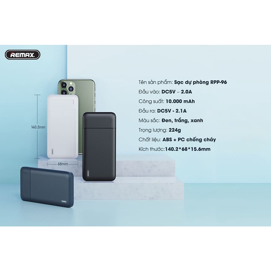 Sạc dự phòng siêu mỏng 10000mAh Remax RPP-96 - Hàng chính hãng