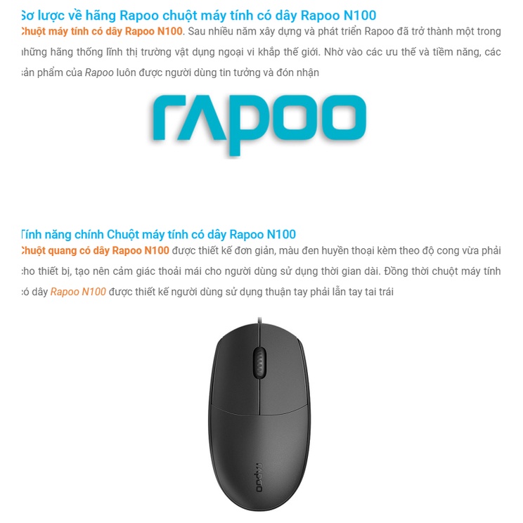 Chuột có dây Rapoo N100 cổng USB Màu Đen Black