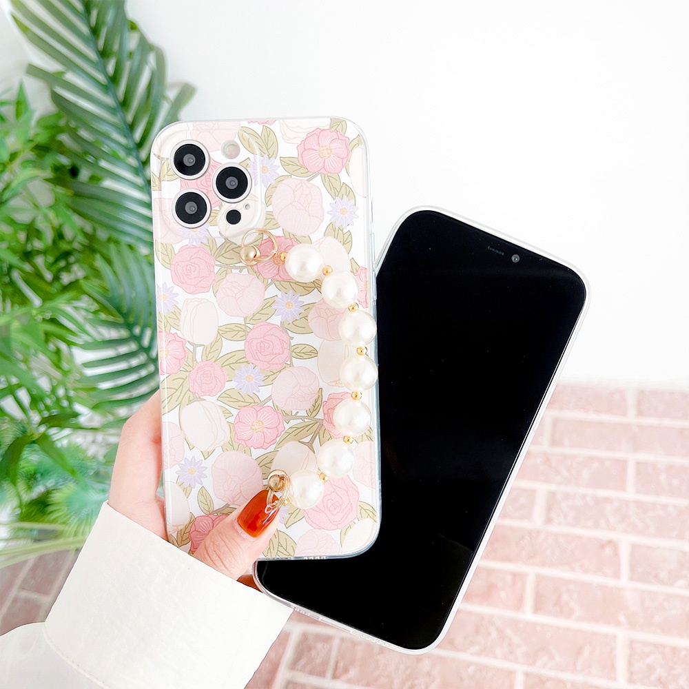 Ốp Điện Thoại TPU Dẻo Họa Tiết Hoa Đính Ngọc Trai Chống Sốc Kèm Vòng Đeo Tay Cho IPhone 14 13 12 11 Pro Max X Xs XR 8 7 Plus