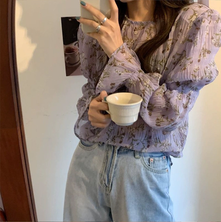 Áo sơ mi chiffon mỏng tay dài dáng rộng in hoa tím kiểu Hàn Quốc thời trang xuân thu 2020