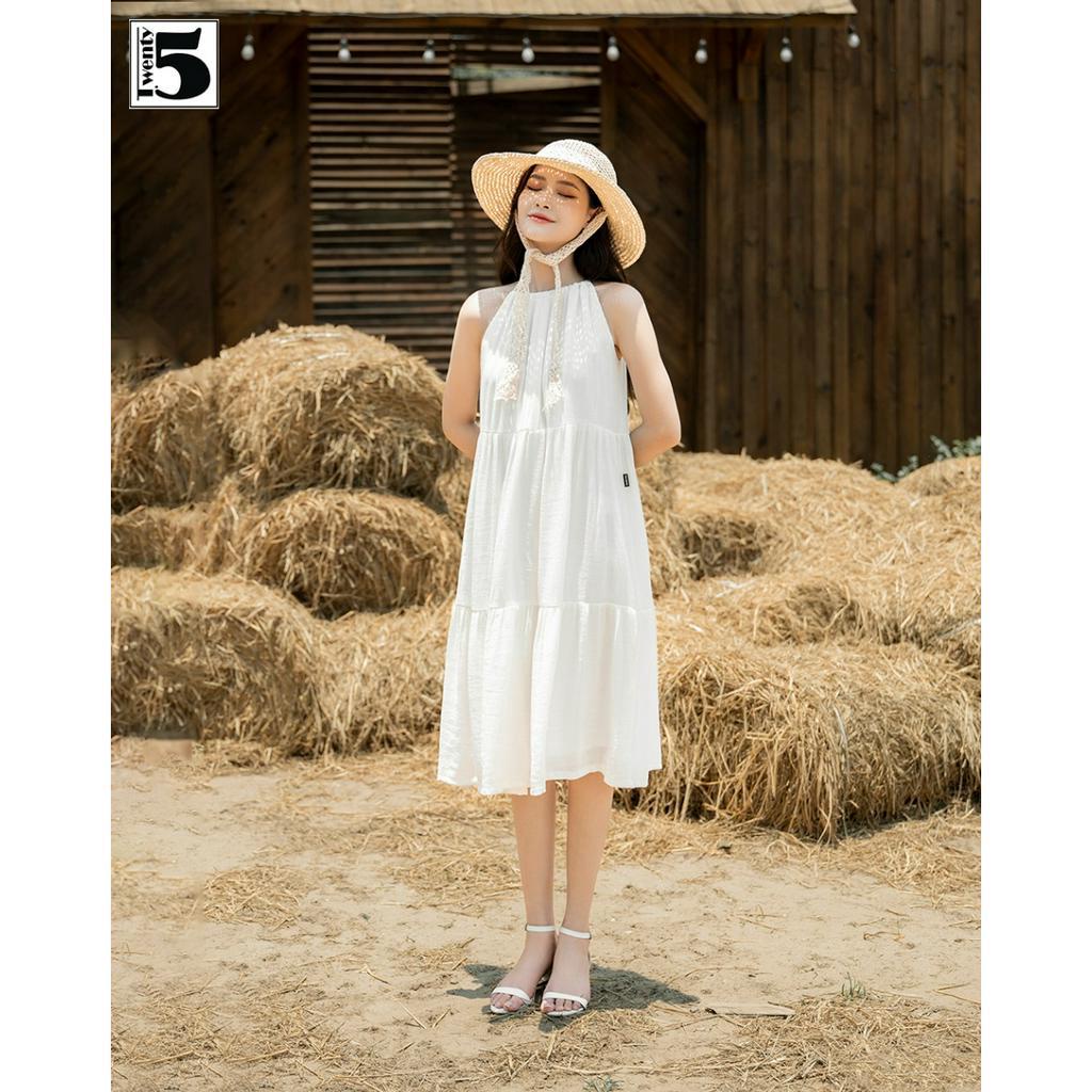 Đầm cổ yếm rút dây thắt nơ dáng xòe midi 3 tầng đũi xốp Twentyfive SD91