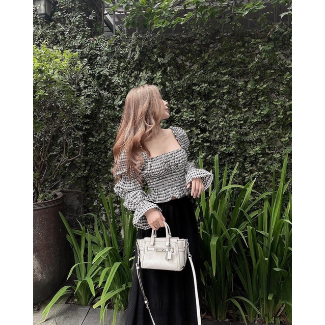Áo kiểu croptop sọc kẻ caro tay phồng/ áo croptop cổ vuông tay phồng phối loe