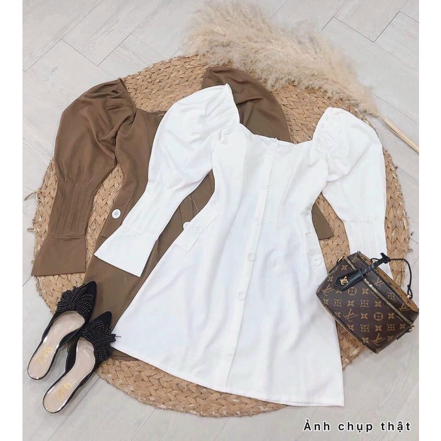 Đầm dự tiệc- Đầm body tay dài bo nút trắng nâu