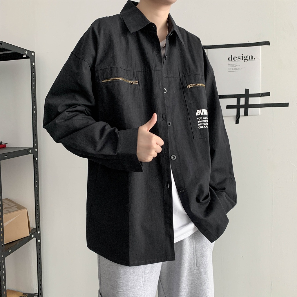 Áo sơ mi tay dài dáng rộng in chữ tiếng Anh phối nhiều túi khóa kéo có 3 màu tùy chọn cỡ M-3XL cho nam - Hàng mới về
