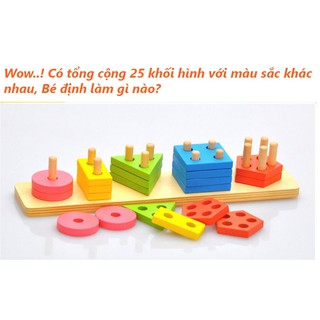Bộ thả 5 trụ 3D bằng gỗ - đồ chơi phát triển tư duy