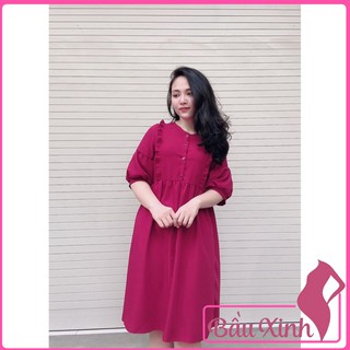 Váy bầu thiết kế - đầm bầu đẹp màu đỏ tay lửng viền ngực HD10