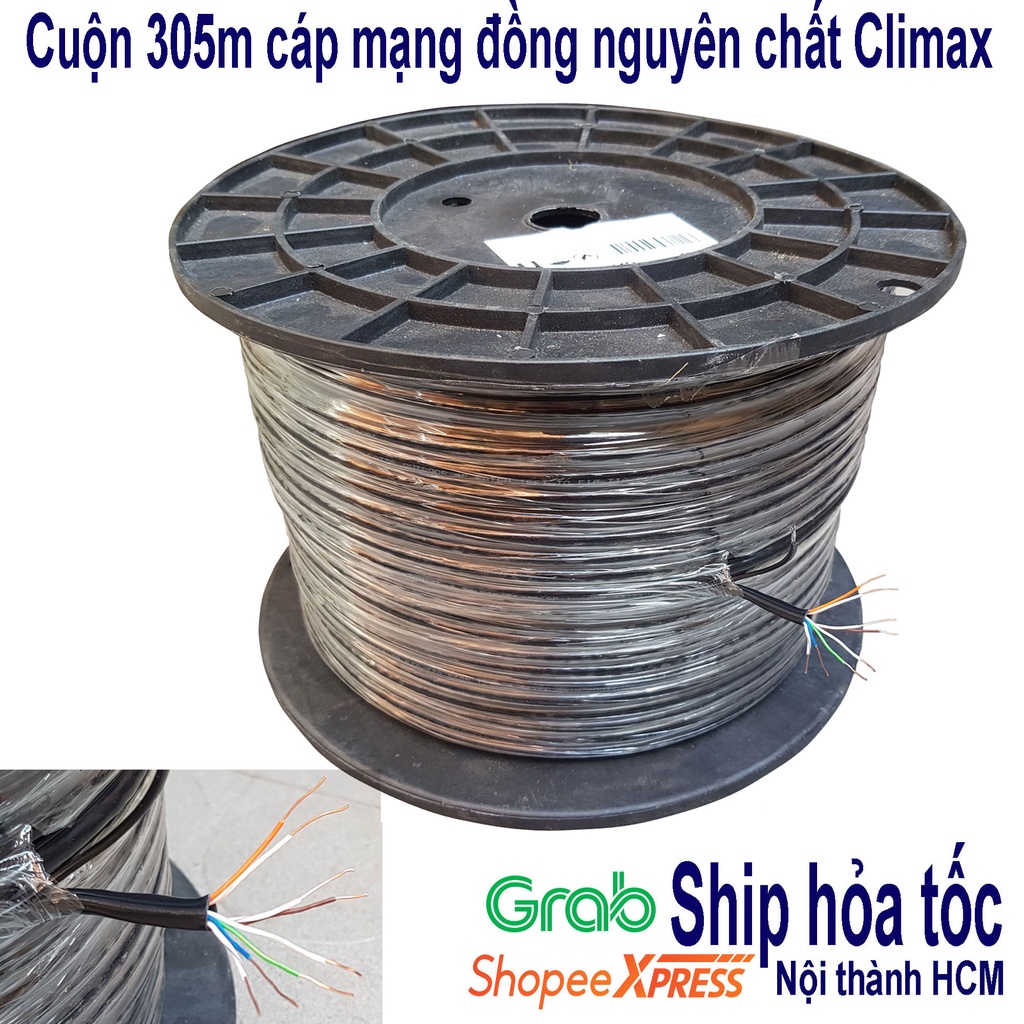 Cuộn 305m Dây mạng ngoài trời Climax 8 lõi đồng nguyên chất - có cáp treo dây
