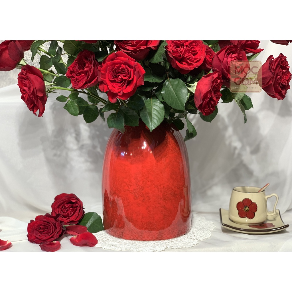 Bình hoa gốm Bát Tràng men đỏ - thúy hồng cắm hoa hồng trang trí ngày lễ tết Mộc Gốm MG89