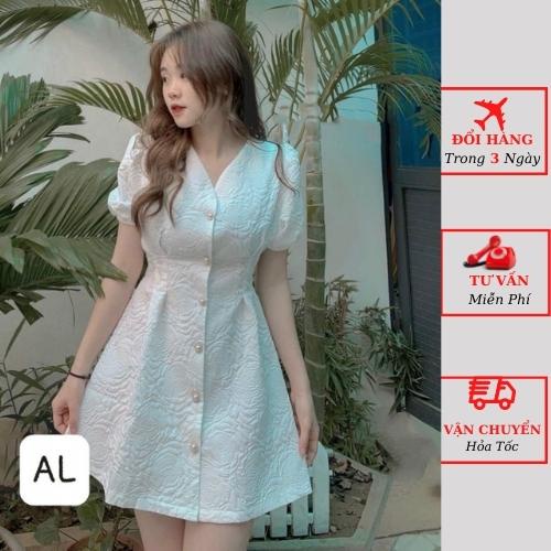 Váy trắng nữ gấm xốp hở lưng cúc ngọc tay bồng tiểu thư bánh bèo đi tiệc cưới ulzzang Hàn Quốc