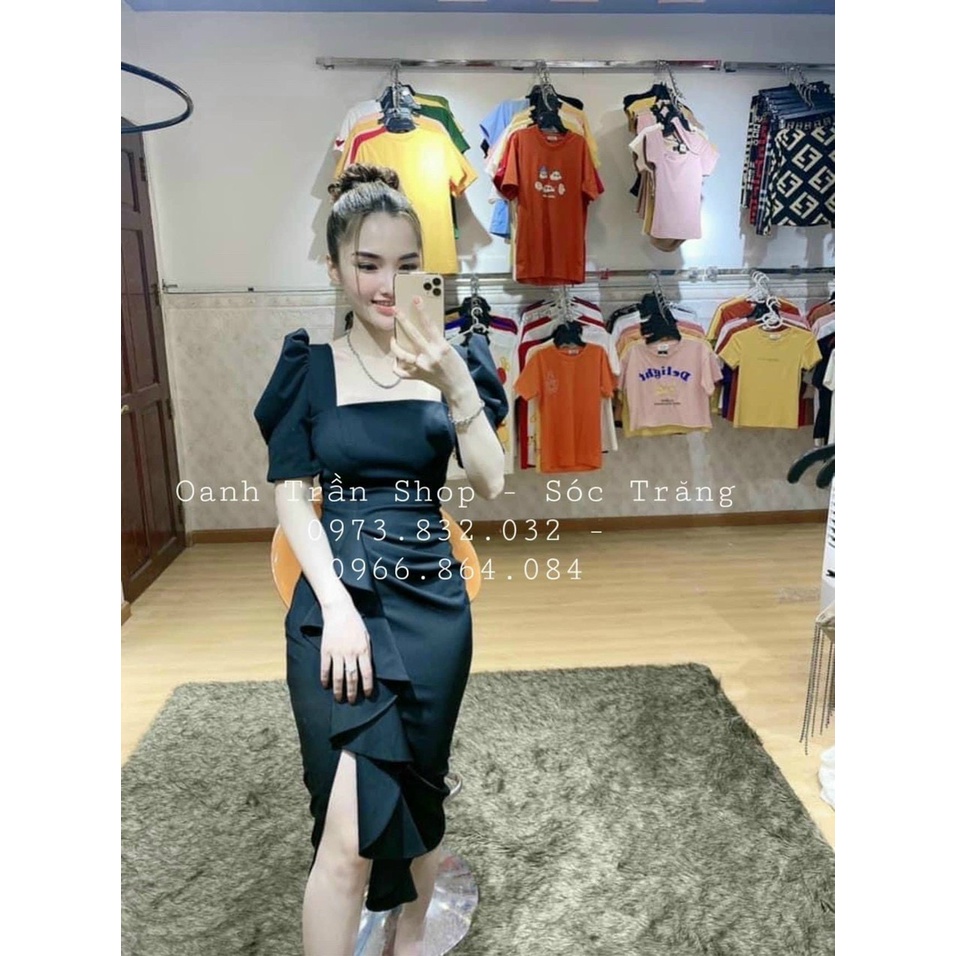 Đầm Ôm Body Nữ Cổ Vuông Tay Phồng Phối Bèo thiết kế đi tiệc sang chảnh