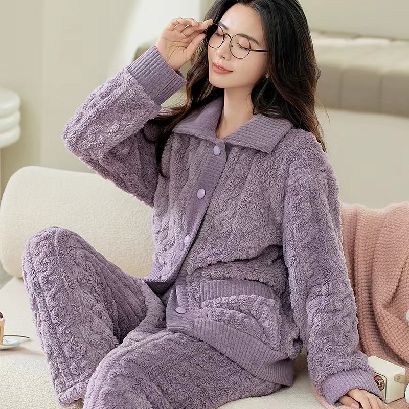 DIDIKA Bộ Đồ Ngủ Tay Dài Chất Liệu Nỉ Lông Cừu San Hô Họa Tiết Hoạt Hình Thời Trang Thu Đông Cho Nữ