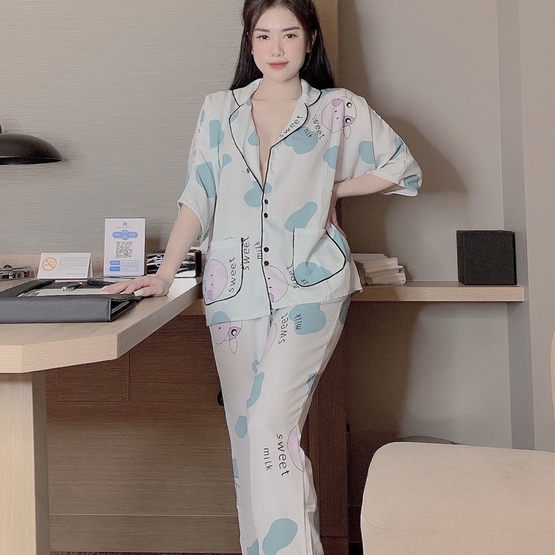 Đồ bộ pijama, bộ lụa măc nhà satin cao cấp cánh dơi hoạ tiết dễ thương