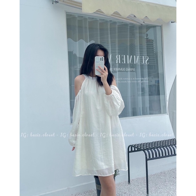 Váy tơ khoét vai cột dây sau