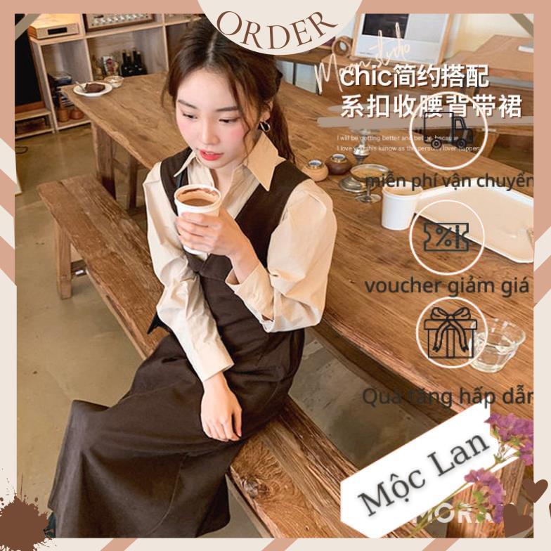 (MộcLan ORDER) Váy yếm mùa thu MORAN cổ V đan chéo sau lưng xẻ chéo tà kiểu Pháp sang trọng