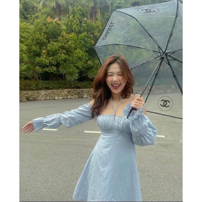 Đầm xanh cổ yếm rớt vai cut out lưng bochun Briebrie cao cấp chất liệu organza, sang chảnh 255