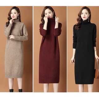 Váy len dáng suông cổ lọ, váy len QC loại 1, có xẻ tà