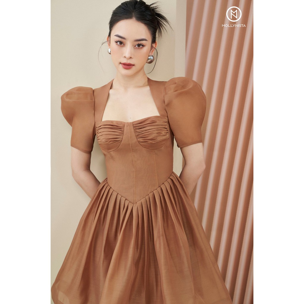 MOLLYNISTA (SALE 53%) - Đầm Choco organza cúp nhúm tay phồng tiểu thư quyến rũ nữ tính thiết kế cao cấp đi chơi đi tiệc