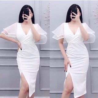 Đầm body tay lưới xẻ tà