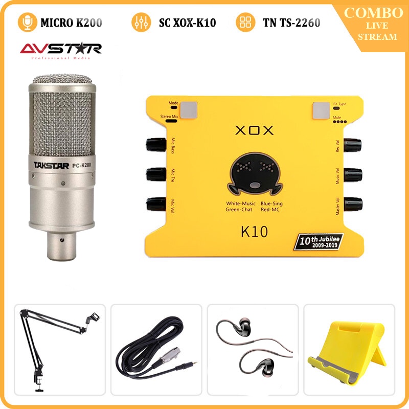 Bộ Mic Livestream Chính Hãng Đầy Đủ Sound Card XOX K10, Mic Takstar PC-K200, Tai Nghe Takstar TS-2260 &amp; Phụ Kiện