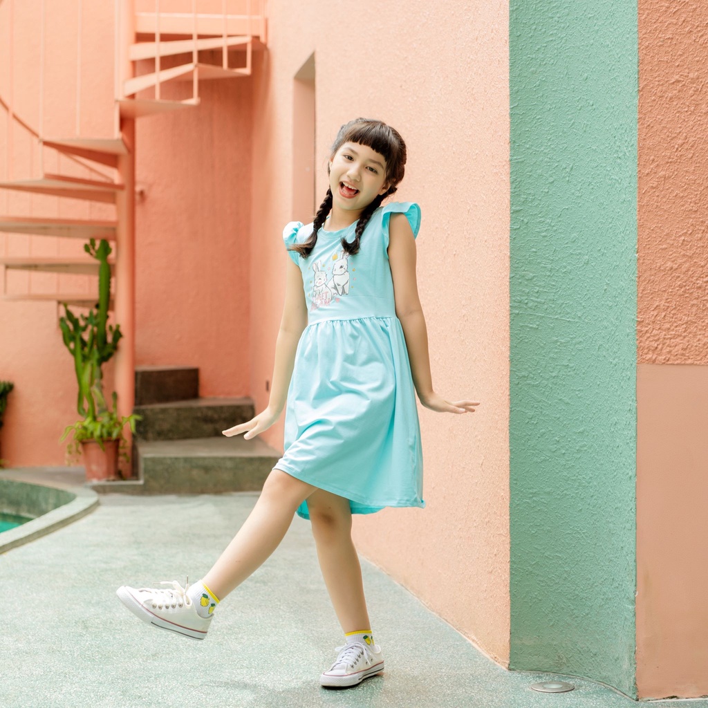 Đầm bé gái tay cánh tiên màu xanh ngọc in 2 CHÚ THỎ, 18-40 kg, chất vải 100% cotton 4c, A4