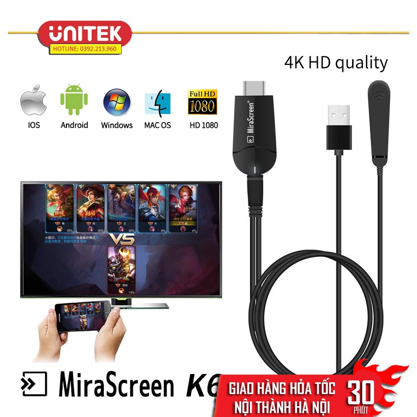 Thiết Bị HDMI Không Dây Kết Nối Điện Thoại Với TIVI FULL HD 4K 2.4 Ghz MiraScreen K6