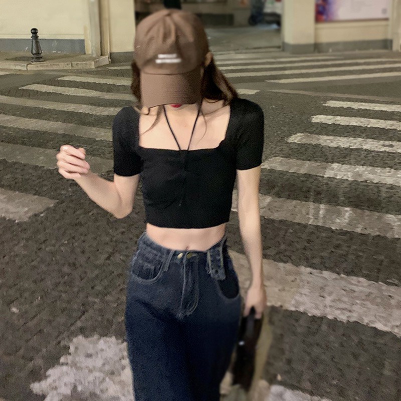 Áo Croptop Dệt Kim Cổ Vuông Màu Sắc Đơn Giản Cho Nữ