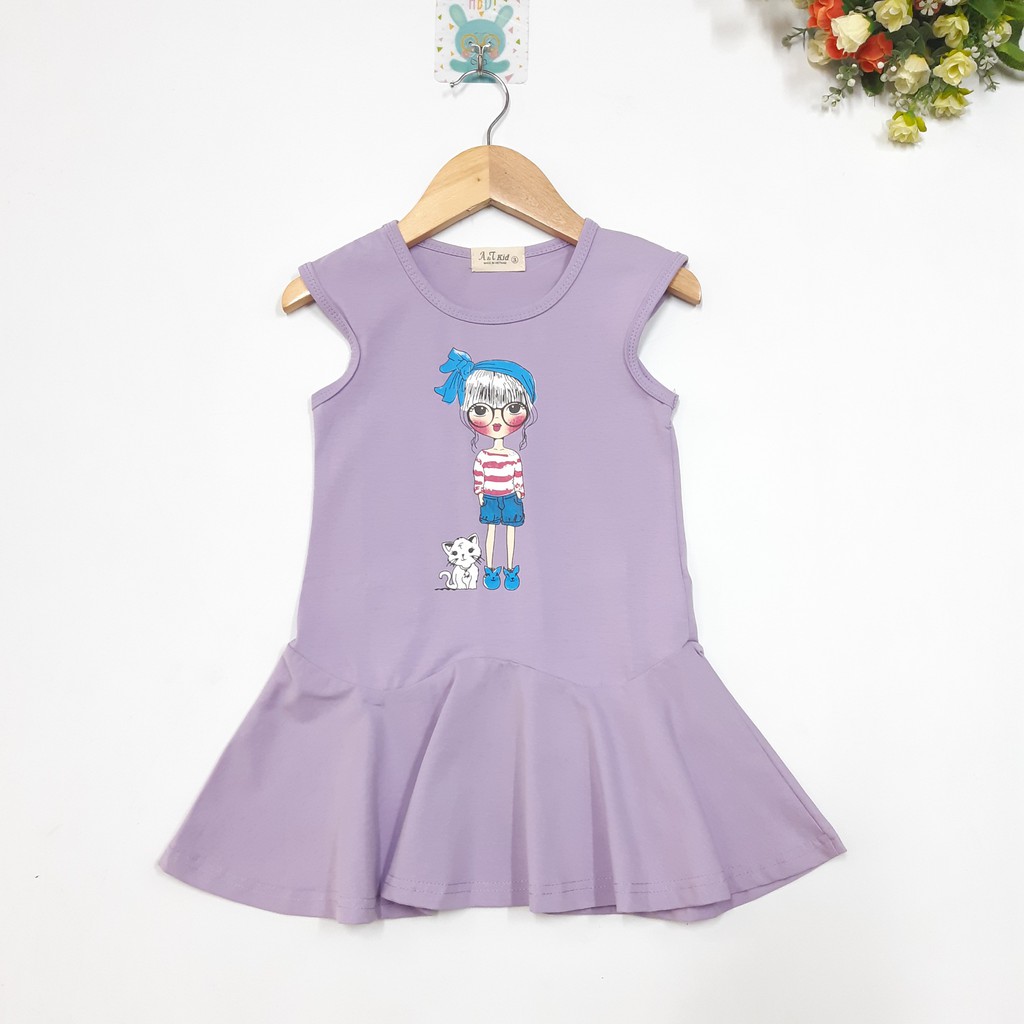 DG59-V-17- Váy bé gái chất thun cotton thoáng mát, in hình cô gái kute, 2 màu tím và xanh chuối, made in Việt Nam