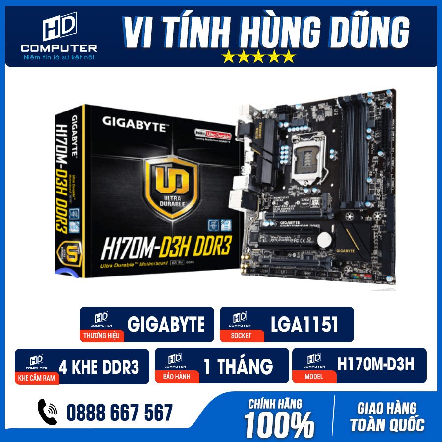 Main máy tính H170 Giga H170MD3H DDR3 4 khe ram, dùng CPU thế hệ 6 7 và Ram DDR3