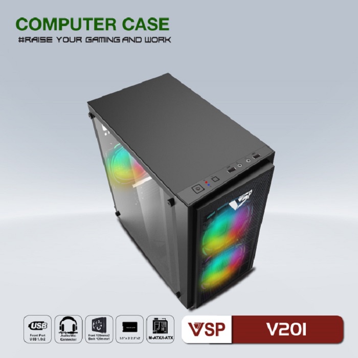 Vỏ case PC thùng máy tính chính hãng VSP V201 Black Hông trong suốt