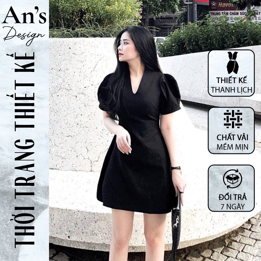 Đầm thiết kế màu đen tay bồng dáng chữ A cổ tim full size - An's design AN006