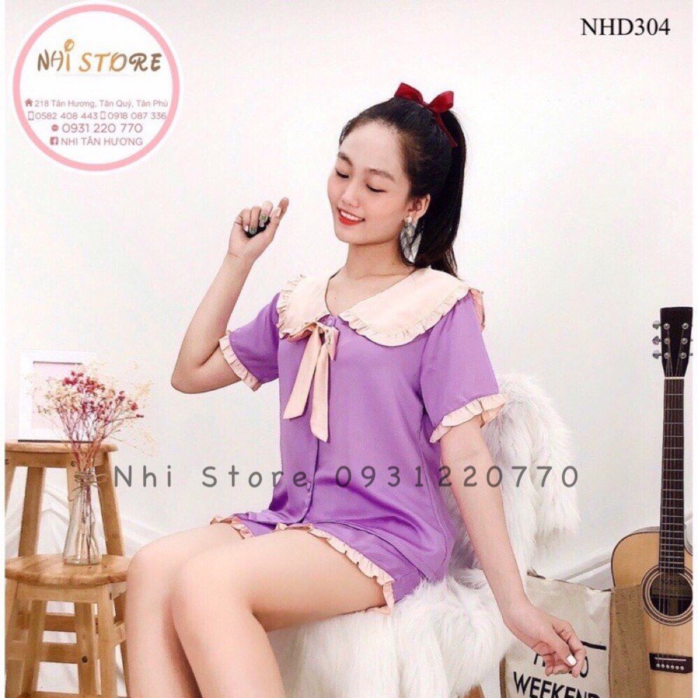 [FREESHIP 50K] Bộ lụa Pijama NHISTORE Bộ Quần Ngắn Tay Ngăn Cổ Phối Bèo Nơ Dễ Thương Freesize 45-58kg